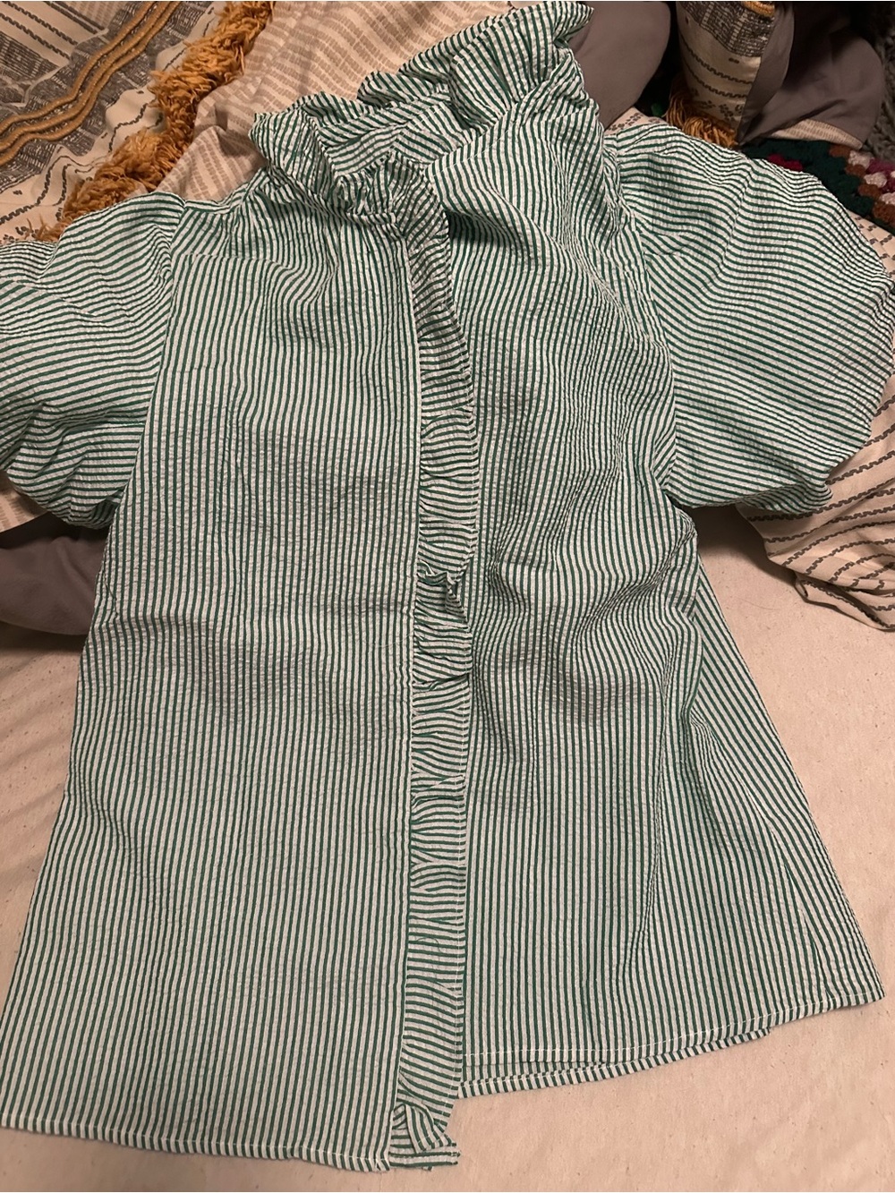 Women’s Ruffle Collar Button-Front Top - Green Stripe